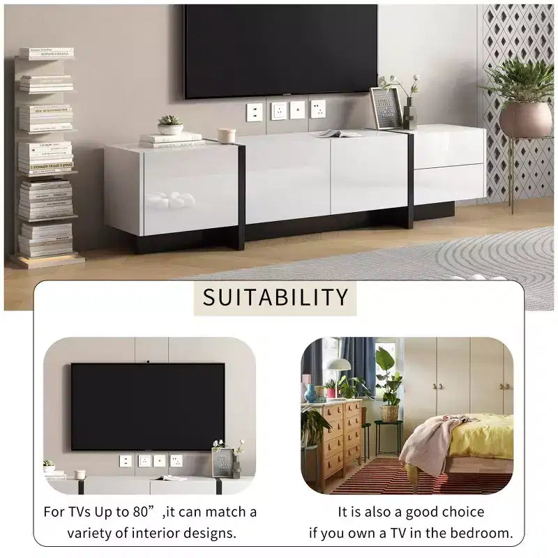 High Gloss TV Stand with for 80 TV, Wood TV Storage Cabinet with 2 Drawers and Doors, Entertainment Center Media Console for Living Room