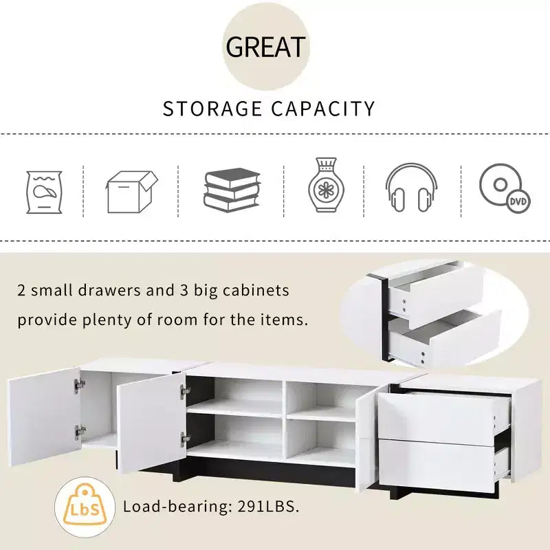 High Gloss TV Stand with for 80 TV, Wood TV Storage Cabinet with 2 Drawers and Doors, Entertainment Center Media Console for Living Room