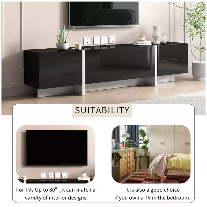 High Gloss TV Stand with for 80 TV, Wood TV Storage Cabinet with 2 Drawers and Doors, Entertainment Center Media Console for Living Room