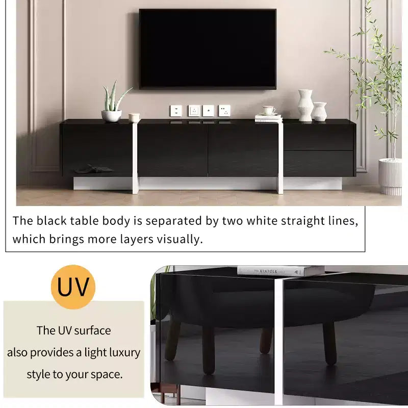 High Gloss TV Stand with for 80 TV, Wood TV Storage Cabinet with 2 Drawers and Doors, Entertainment Center Media Console for Living Room