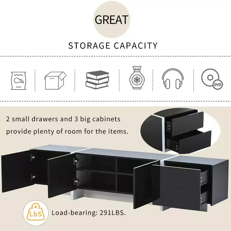 High Gloss TV Stand with for 80 TV, Wood TV Storage Cabinet with 2 Drawers and Doors, Entertainment Center Media Console for Living Room