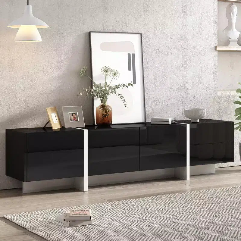High Gloss TV Stand with for 80 TV, Wood TV Storage Cabinet with 2 Drawers and Doors, Entertainment Center Media Console for Living Room