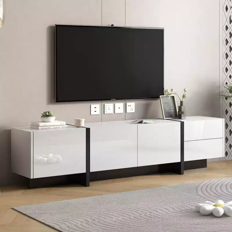 High Gloss TV Stand with for 80 TV, Wood TV Storage Cabinet with 2 Drawers and Doors, Entertainment Center Media Console for Living Room