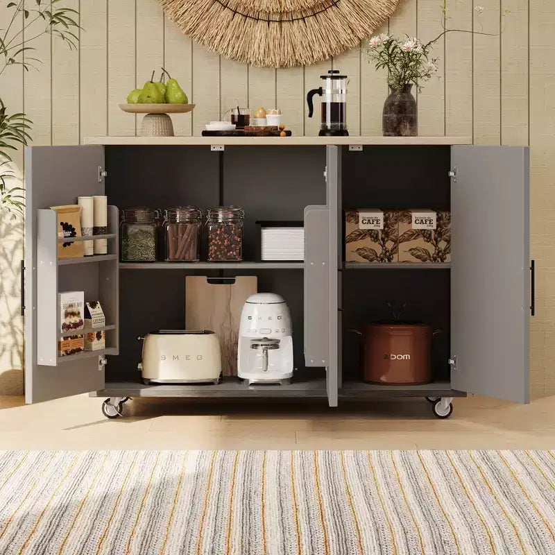 Unique Kitchen Island with Drop Leaf, Farmhouse Kitchen Island on Wheels with Storage Rack, Rolling Kitchen Cart with Towel Rack for Kitchen