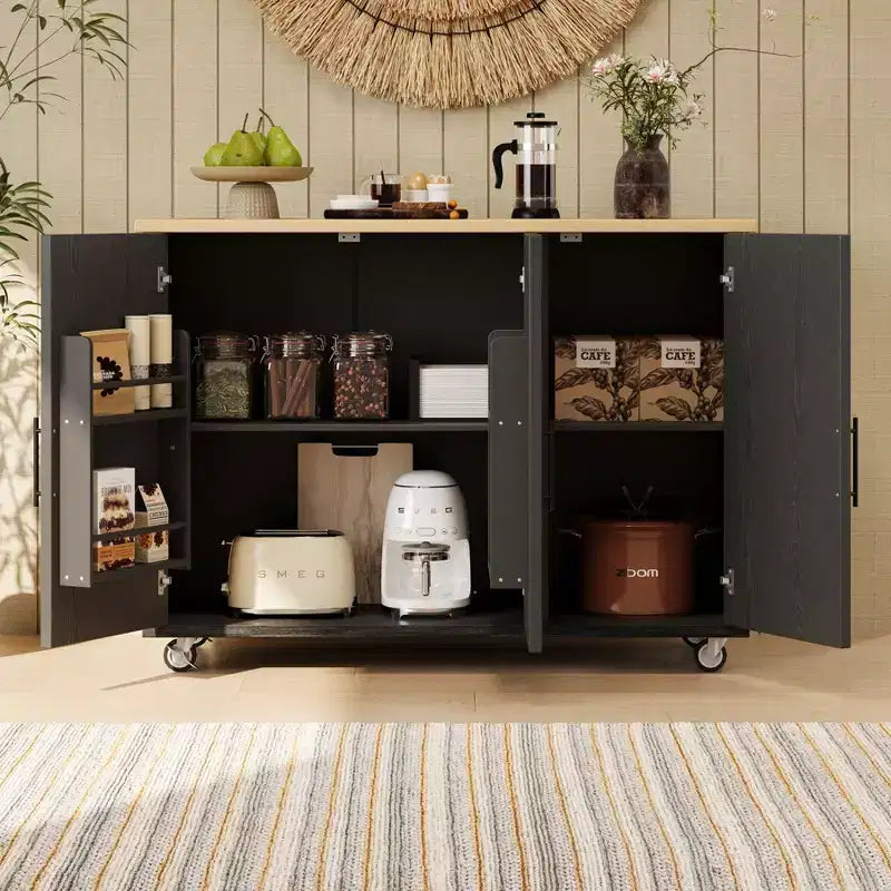 Unique Kitchen Island with Drop Leaf, Farmhouse Kitchen Island on Wheels with Storage Rack, Rolling Kitchen Cart with Towel Rack for Kitchen