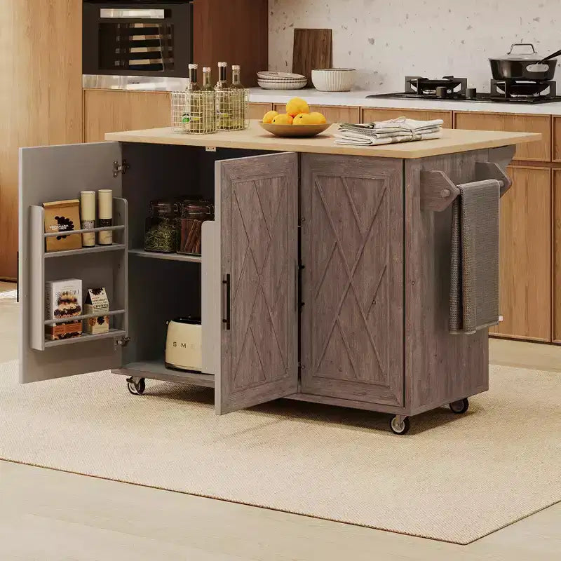 Unique Kitchen Island with Drop Leaf, Farmhouse Kitchen Island on Wheels with Storage Rack, Rolling Kitchen Cart with Towel Rack for Kitchen