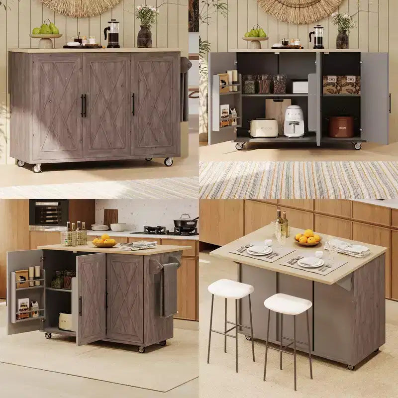 Unique Kitchen Island with Drop Leaf, Farmhouse Kitchen Island on Wheels with Storage Rack, Rolling Kitchen Cart with Towel Rack for Kitchen