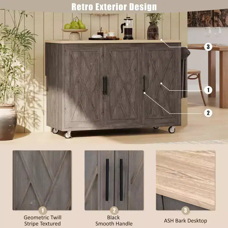 Unique Kitchen Island with Drop Leaf, Farmhouse Kitchen Island on Wheels with Storage Rack, Rolling Kitchen Cart with Towel Rack for Kitchen