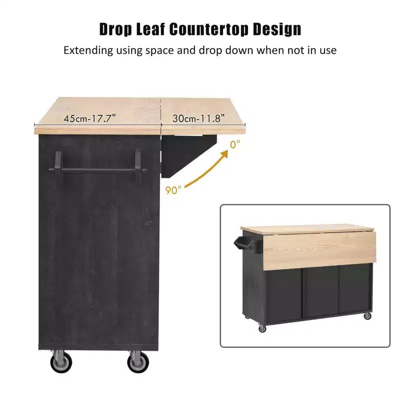 Unique Kitchen Island with Drop Leaf, Farmhouse Kitchen Island on Wheels with Storage Rack, Rolling Kitchen Cart with Towel Rack for Kitchen