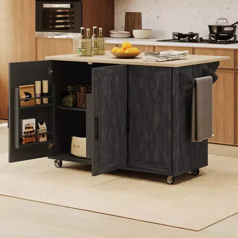 Unique Kitchen Island with Drop Leaf, Farmhouse Kitchen Island on Wheels with Storage Rack, Rolling Kitchen Cart with Towel Rack for Kitchen