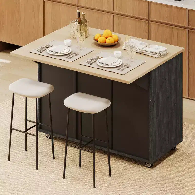 Unique Kitchen Island with Drop Leaf, Farmhouse Kitchen Island on Wheels with Storage Rack, Rolling Kitchen Cart with Towel Rack for Kitchen