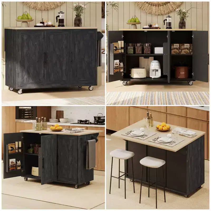 Unique Kitchen Island with Drop Leaf, Farmhouse Kitchen Island on Wheels with Storage Rack, Rolling Kitchen Cart with Towel Rack for Kitchen
