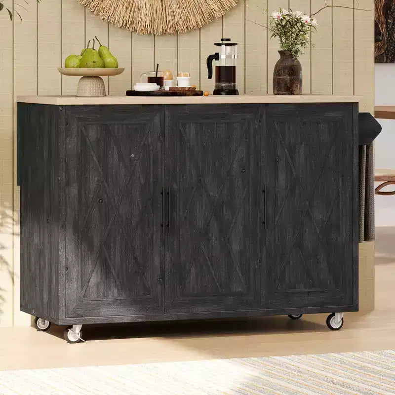 Unique Kitchen Island with Drop Leaf, Farmhouse Kitchen Island on Wheels with Storage Rack, Rolling Kitchen Cart with Towel Rack for Kitchen