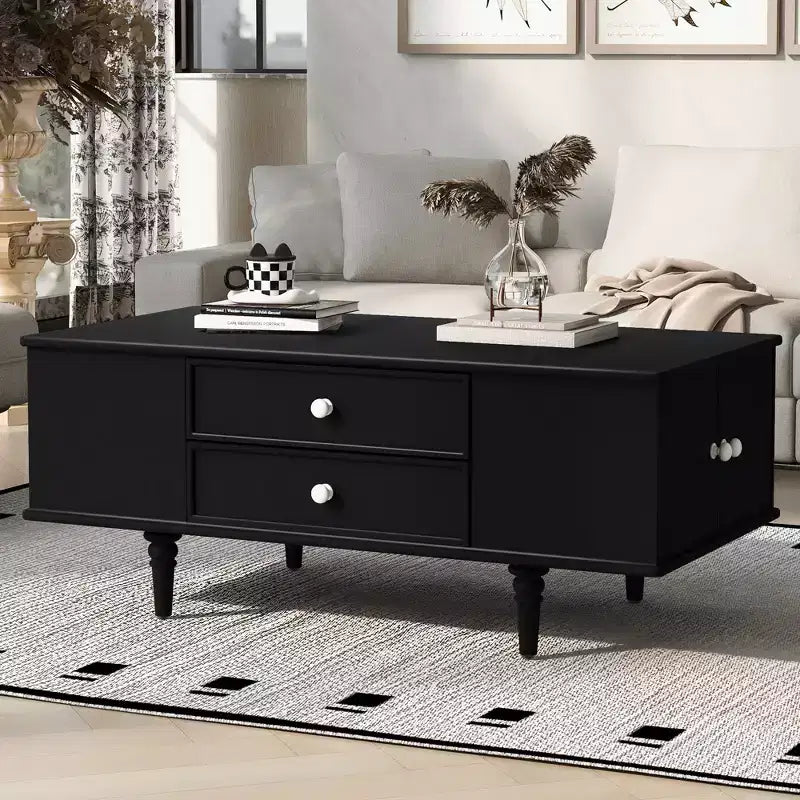 JVNOXK 47.2-inch contemporary side table with four drawers, featuring concealed storage compartments on both sides, metal handles and solid wood legs