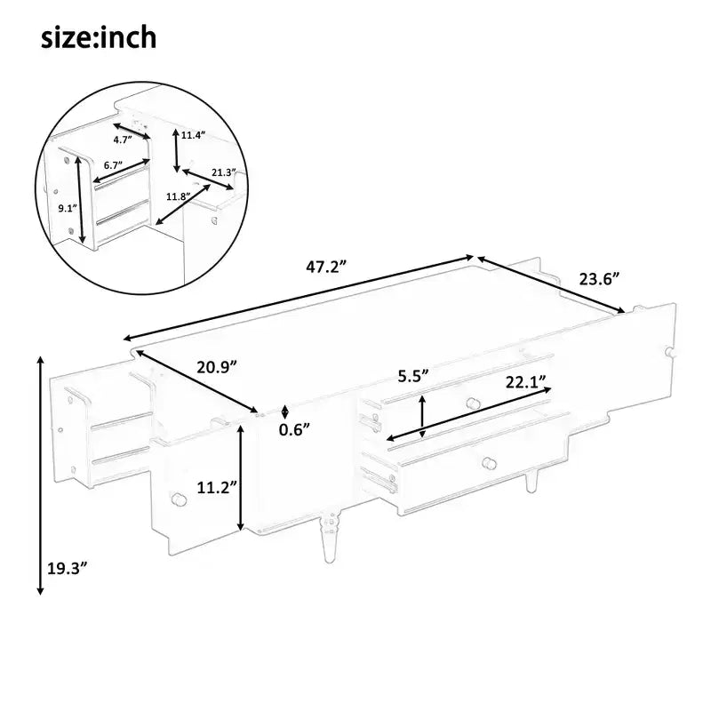 JVNOXK 47.2-inch contemporary side table with four drawers, featuring concealed storage compartments on both sides, metal handles and solid wood legs
