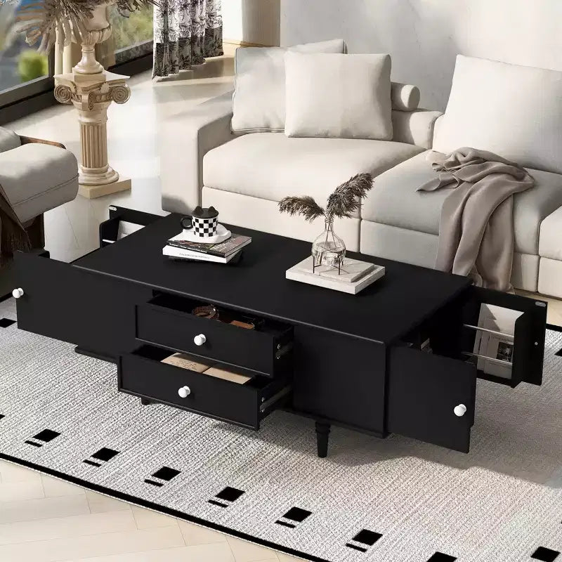 JVNOXK 47.2-inch contemporary side table with four drawers, featuring concealed storage compartments on both sides, metal handles and solid wood legs