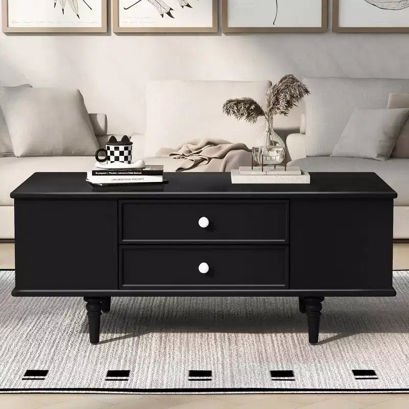 JVNOXK 47.2-inch contemporary side table with four drawers, featuring concealed storage compartments on both sides, metal handles and solid wood legs
