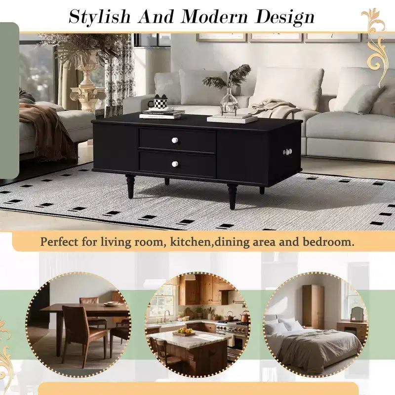 JVNOXK 47.2-inch contemporary side table with four drawers, featuring concealed storage compartments on both sides, metal handles and solid wood legs