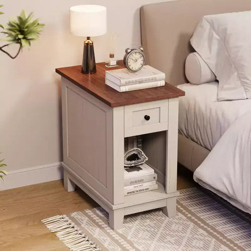 Narrow Side Table with Charging Station Small Farmhouse End Tables Storage Nightstand Bedside Tables Living Room Sofa Table