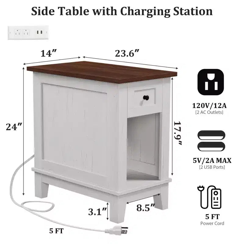 Narrow Side Table with Charging Station Small Farmhouse End Tables Storage Nightstand Bedside Tables Living Room Sofa Table