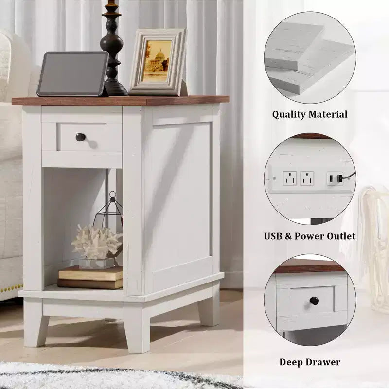 Narrow Side Table with Charging Station Small Farmhouse End Tables Storage Nightstand Bedside Tables Living Room Sofa Table