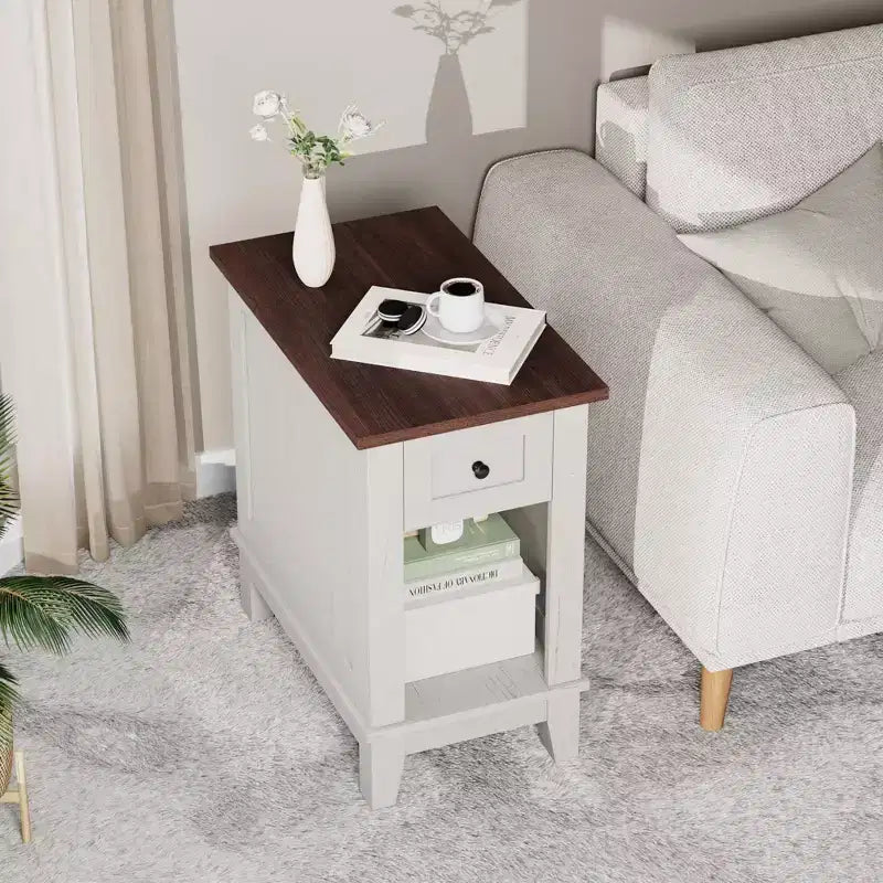 Narrow Side Table with Charging Station Small Farmhouse End Tables Storage Nightstand Bedside Tables Living Room Sofa Table