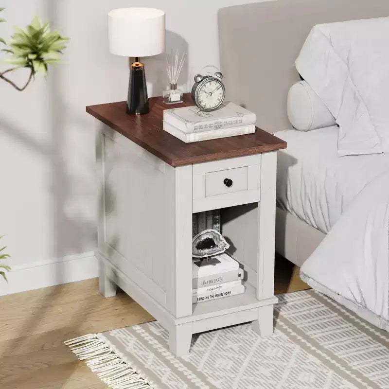 Narrow Side Table with Charging Station Small Farmhouse End Tables Storage Nightstand Bedside Tables Living Room Sofa Table