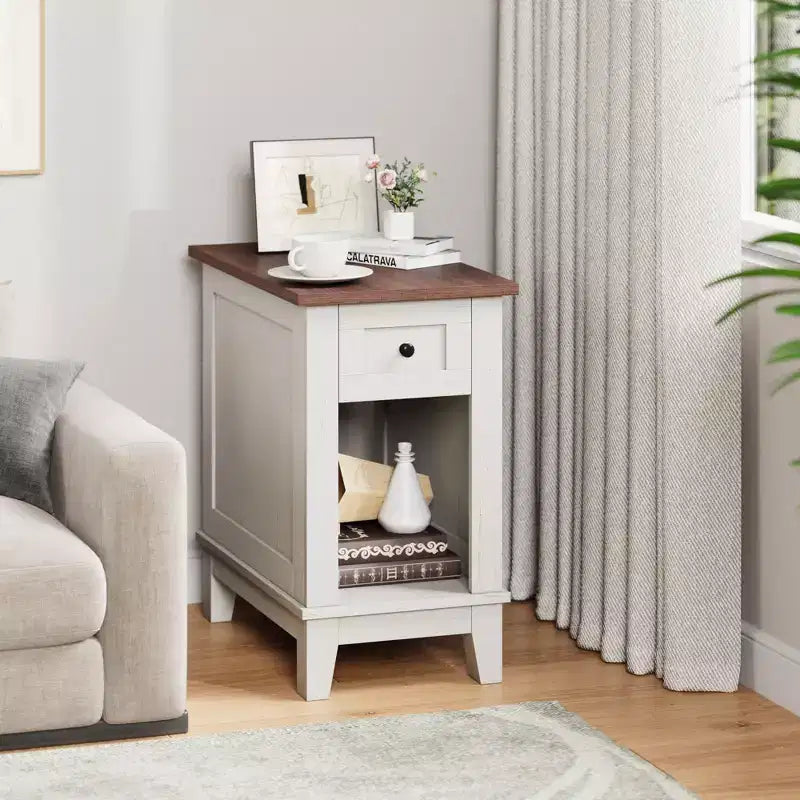 Narrow Side Table with Charging Station Small Farmhouse End Tables Storage Nightstand Bedside Tables Living Room Sofa Table