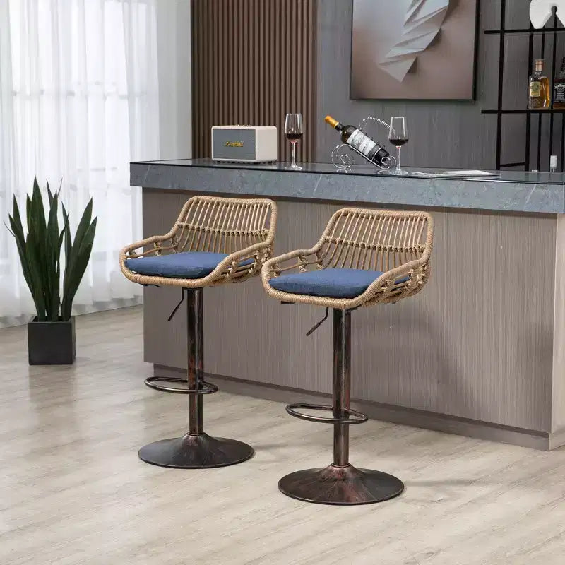 GDFStudio Syra Modern 360 Swivel Rattan Bar Stools with Adjustable Height and Linen Cushions (Set of 2)