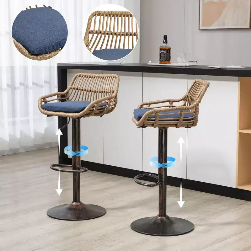 GDFStudio Syra Modern 360 Swivel Rattan Bar Stools with Adjustable Height and Linen Cushions (Set of 2)