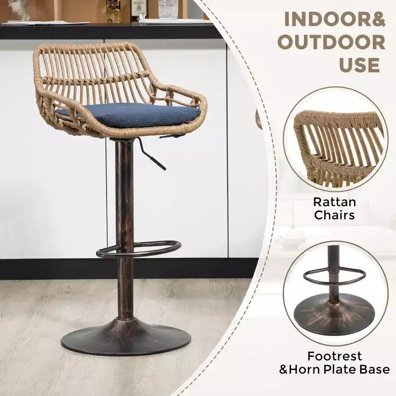 GDFStudio Syra Modern 360 Swivel Rattan Bar Stools with Adjustable Height and Linen Cushions (Set of 2)