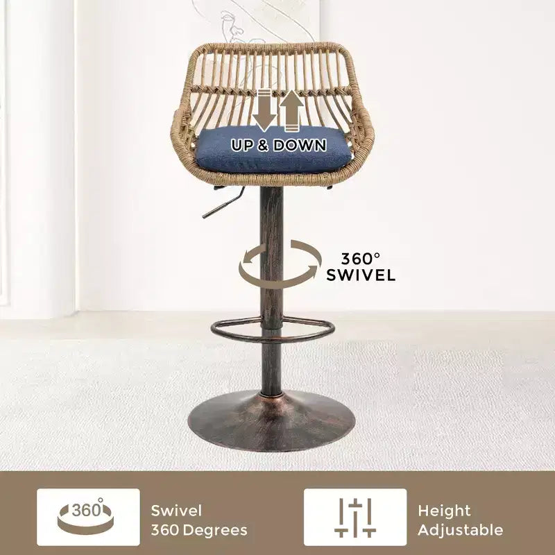 GDFStudio Syra Modern 360 Swivel Rattan Bar Stools with Adjustable Height and Linen Cushions (Set of 2)