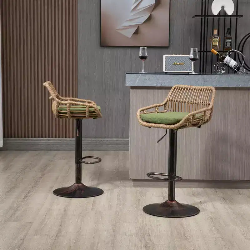 GDFStudio Syra Modern 360 Swivel Rattan Bar Stools with Adjustable Height and Linen Cushions (Set of 2)