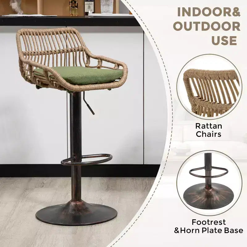 GDFStudio Syra Modern 360 Swivel Rattan Bar Stools with Adjustable Height and Linen Cushions (Set of 2)
