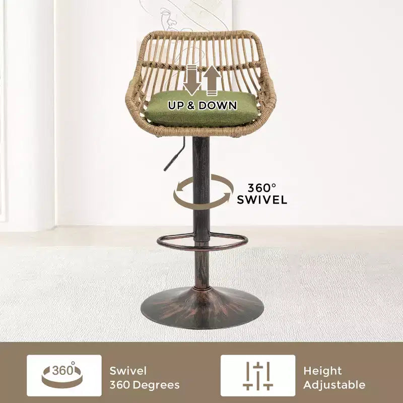 GDFStudio Syra Modern 360 Swivel Rattan Bar Stools with Adjustable Height and Linen Cushions (Set of 2)