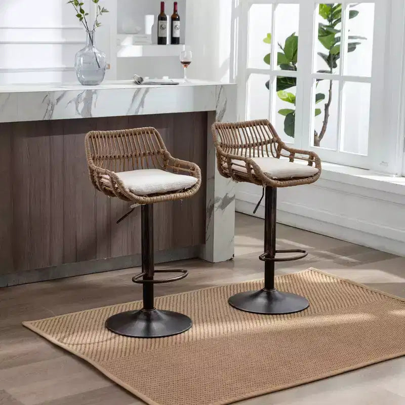 GDFStudio Syra Modern 360 Swivel Rattan Bar Stools with Adjustable Height and Linen Cushions (Set of 2)