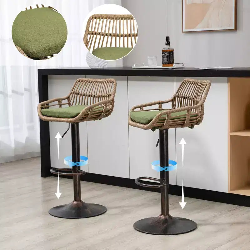 GDFStudio Syra Modern 360 Swivel Rattan Bar Stools with Adjustable Height and Linen Cushions (Set of 2)