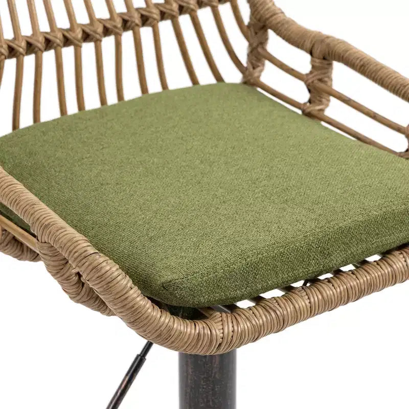 GDFStudio Syra Modern 360 Swivel Rattan Bar Stools with Adjustable Height and Linen Cushions (Set of 2)