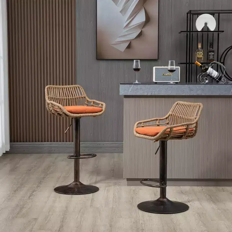 GDFStudio Syra Modern 360 Swivel Rattan Bar Stools with Adjustable Height and Linen Cushions (Set of 2)