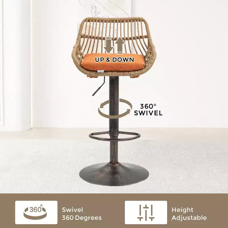 GDFStudio Syra Modern 360 Swivel Rattan Bar Stools with Adjustable Height and Linen Cushions (Set of 2)