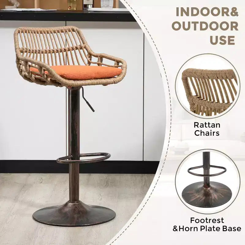 GDFStudio Syra Modern 360 Swivel Rattan Bar Stools with Adjustable Height and Linen Cushions (Set of 2)
