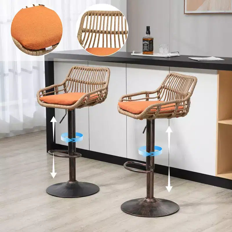 GDFStudio Syra Modern 360 Swivel Rattan Bar Stools with Adjustable Height and Linen Cushions (Set of 2)