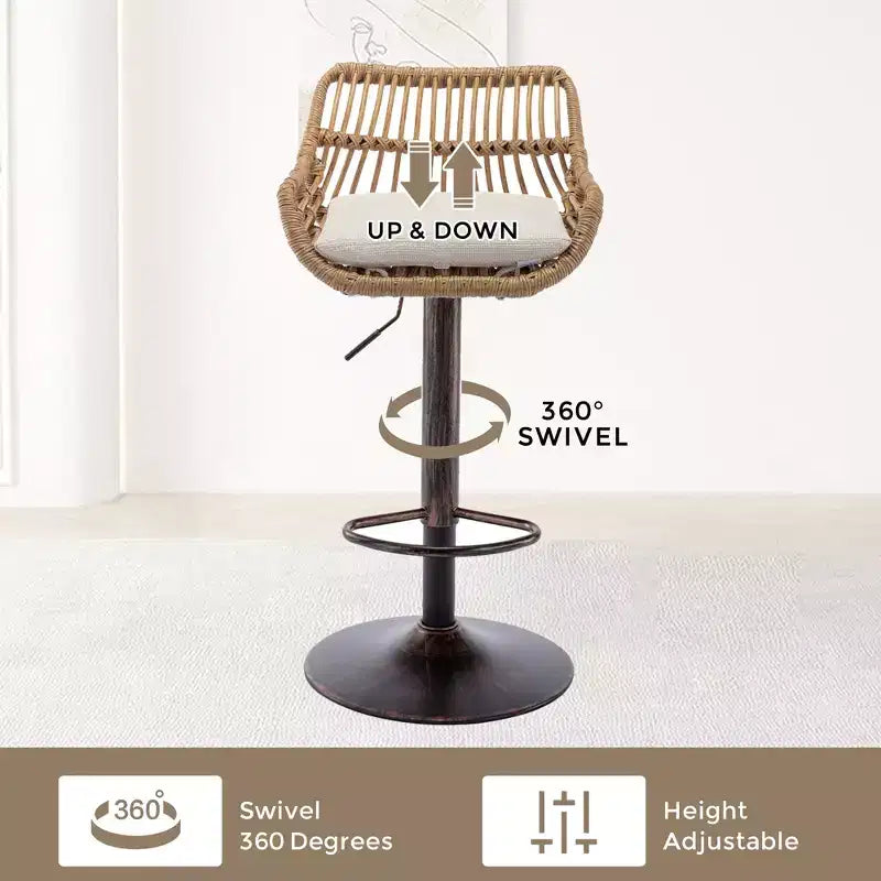 GDFStudio Syra Modern 360 Swivel Rattan Bar Stools with Adjustable Height and Linen Cushions (Set of 2)
