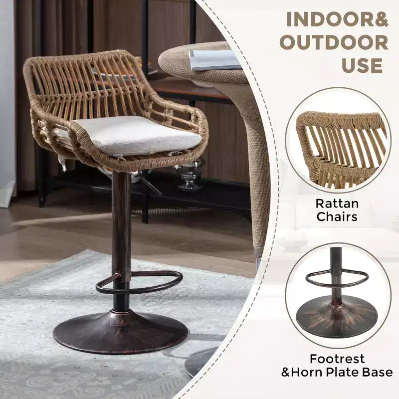 GDFStudio Syra Modern 360 Swivel Rattan Bar Stools with Adjustable Height and Linen Cushions (Set of 2)