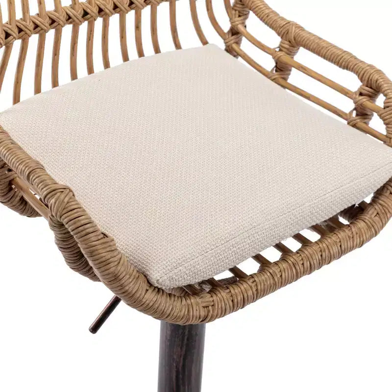 GDFStudio Syra Modern 360 Swivel Rattan Bar Stools with Adjustable Height and Linen Cushions (Set of 2)