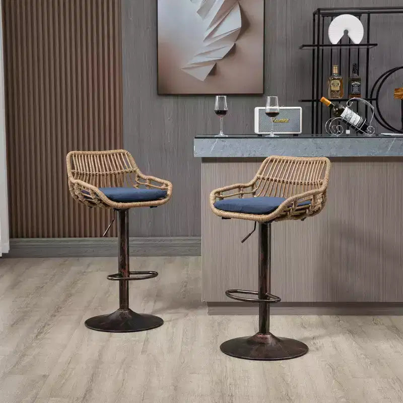 GDFStudio Syra Modern 360 Swivel Rattan Bar Stools with Adjustable Height and Linen Cushions (Set of 2)
