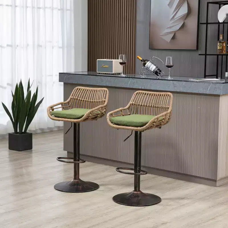 GDFStudio Syra Modern 360 Swivel Rattan Bar Stools with Adjustable Height and Linen Cushions (Set of 2)