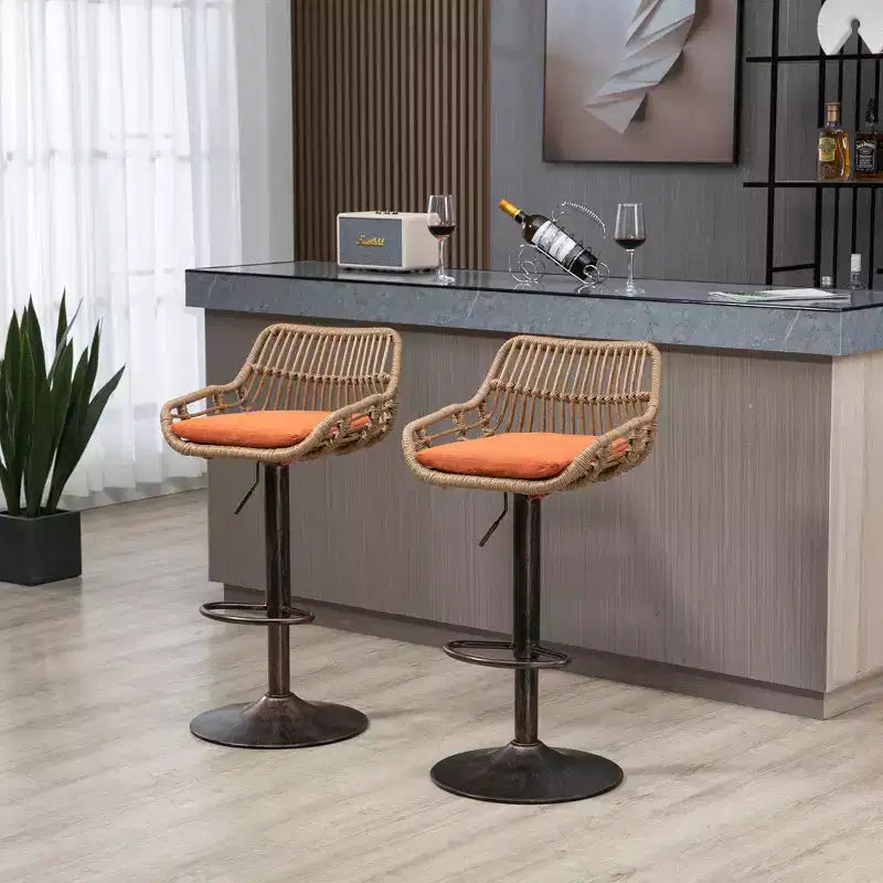 GDFStudio Syra Modern 360 Swivel Rattan Bar Stools with Adjustable Height and Linen Cushions (Set of 2)