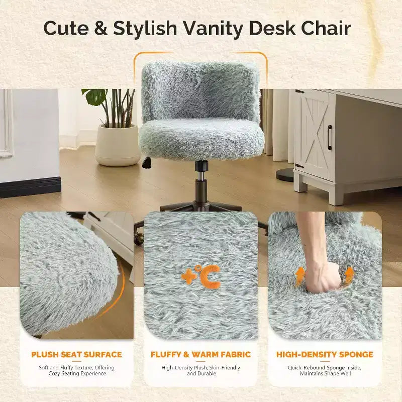 VINGLI Plush Upholstery Vanity Desk Chair with Curved Back, Cute Rolling Chair with Bronze Base and Golden-Bronze 360 Swivel Wheels