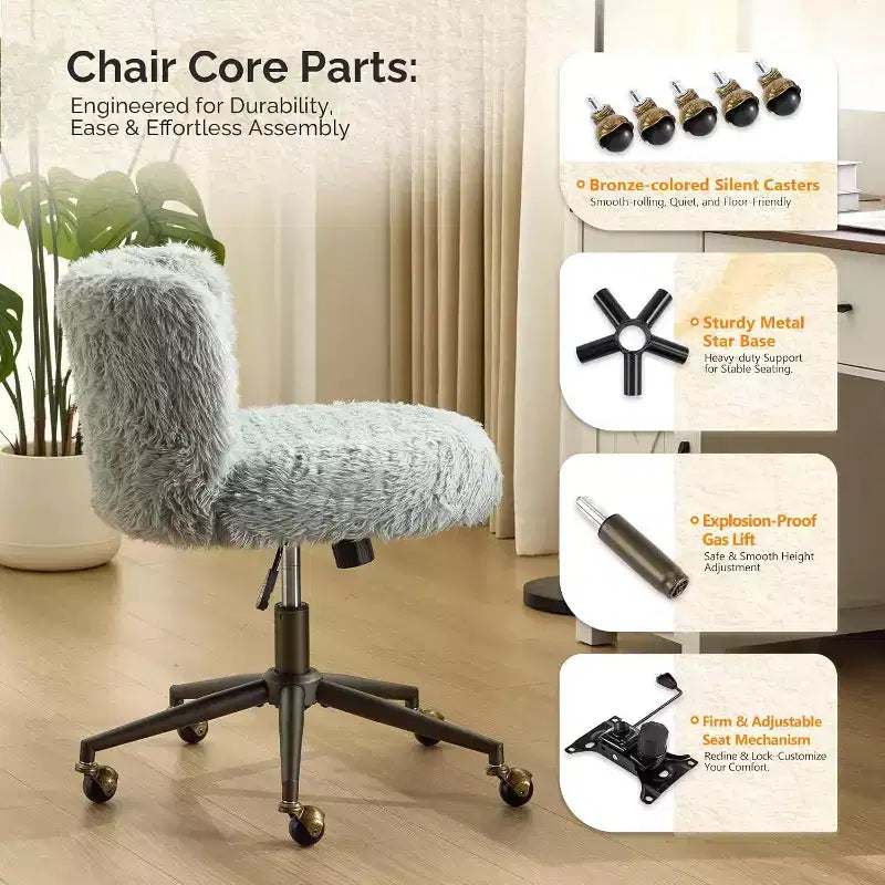 VINGLI Plush Upholstery Vanity Desk Chair with Curved Back, Cute Rolling Chair with Bronze Base and Golden-Bronze 360 Swivel Wheels